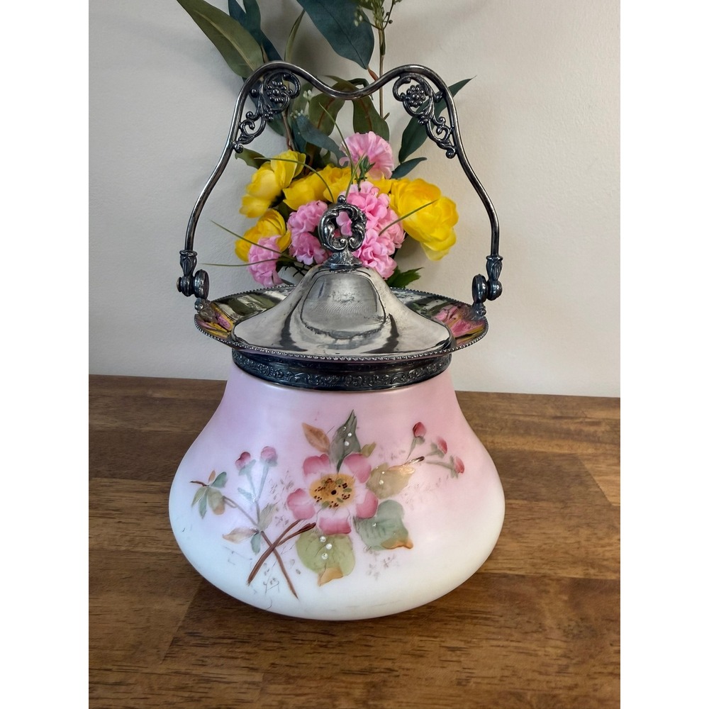 Antique Victorian Biscuit Jar Pink Satin Glass Hand Painted Floral Silverplate